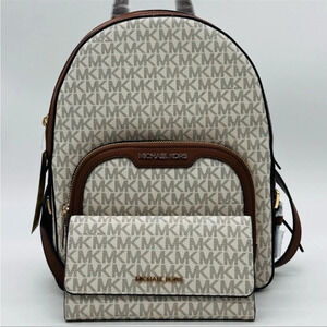 Michael Kors Medium Jaycee Zip Packet Backpack & Trifold Wallet Vanilla/Brown